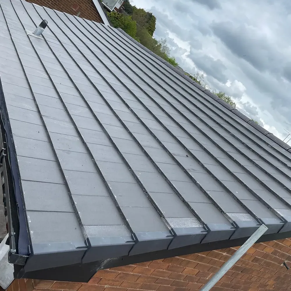 a metal roof with a skylight on top of it